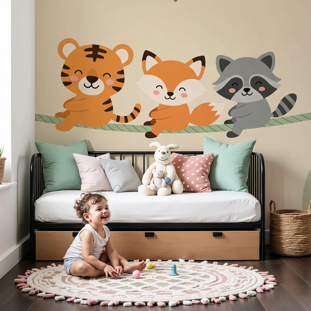Papel de parede quarto bebê | Animais amigáveis na floresta