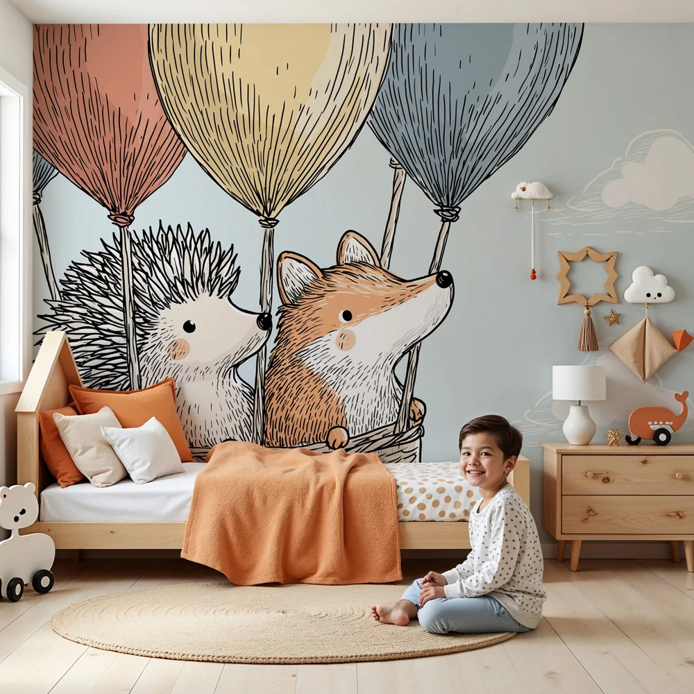 Papel de parede quarto bebê | Animais em balão de ar quente e céu azul