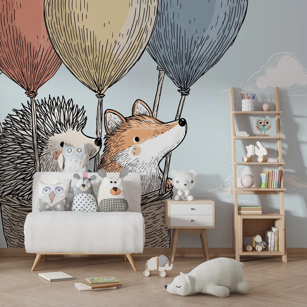 Papel de parede quarto bebê | Animais em balão de ar quente e céu azul