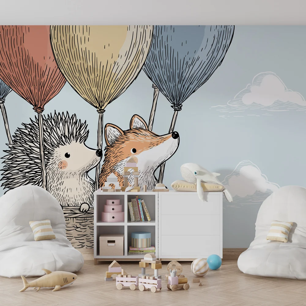Papel de parede quarto bebê | Animais em balão de ar quente e céu azul