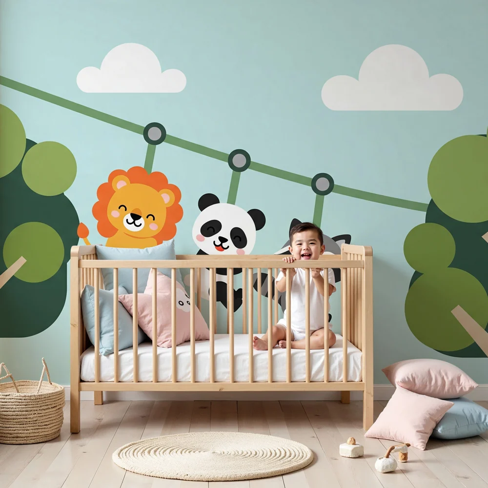 Papel de parede quarto bebê | Animais divertidos numa selva lúdica