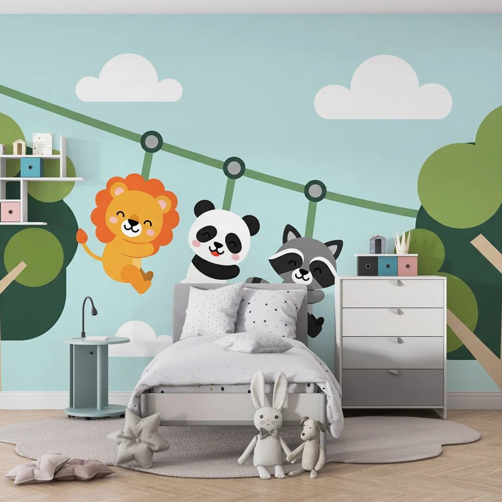 Papel de parede quarto bebê | Animais divertidos numa selva lúdica