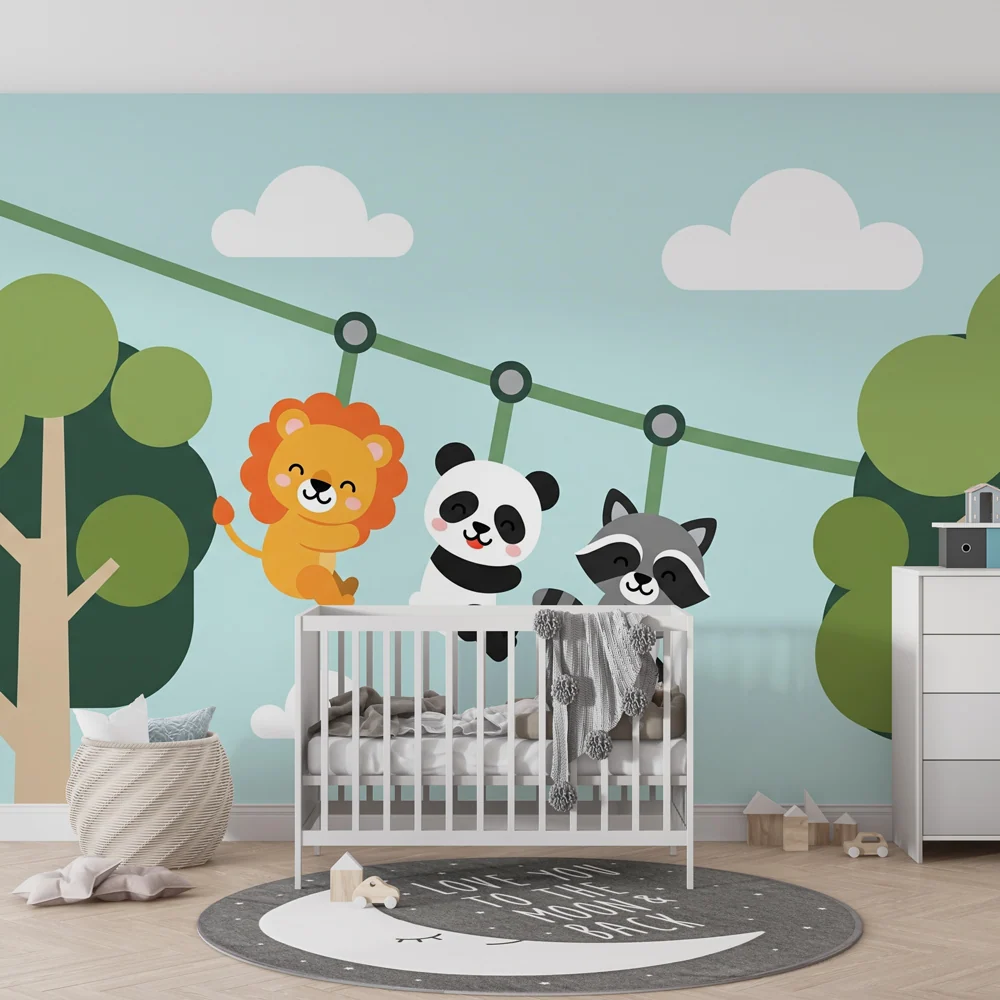 Papel de parede quarto bebê | Animais divertidos numa selva lúdica
