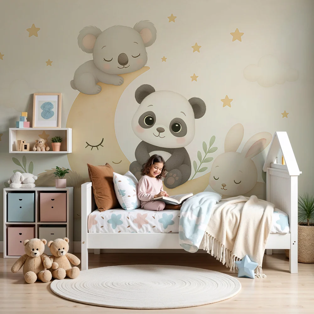 Papel de parede quarto bebê | Animais fofos na lua