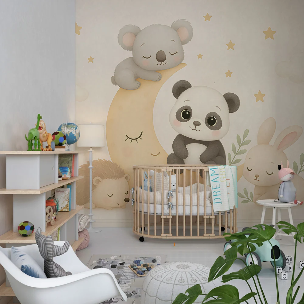 Papel de parede quarto bebê | Animais fofos na lua