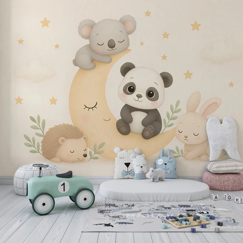 Papel de parede quarto bebê | Animais fofos na lua