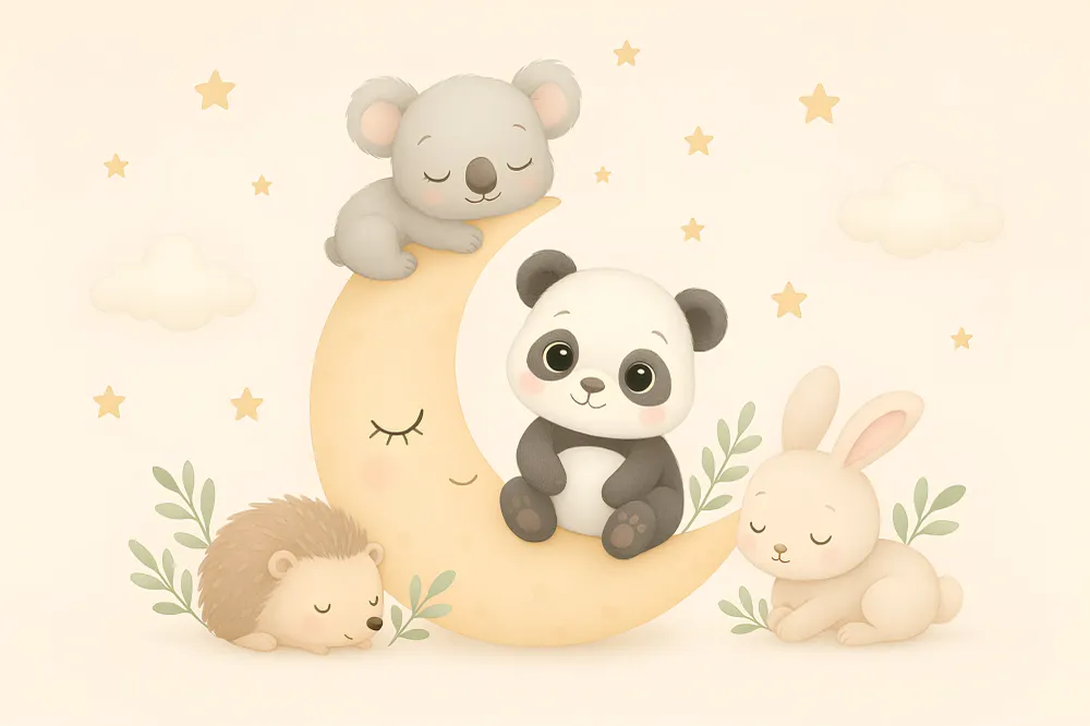 Papel de parede quarto bebê | Animais fofos na lua