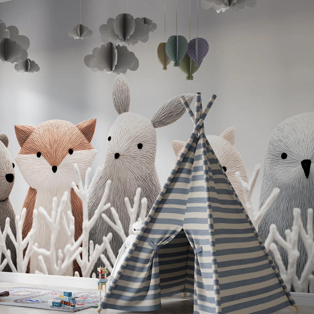 Papel de parede quarto bebê | Animais fofos no coração da floresta
