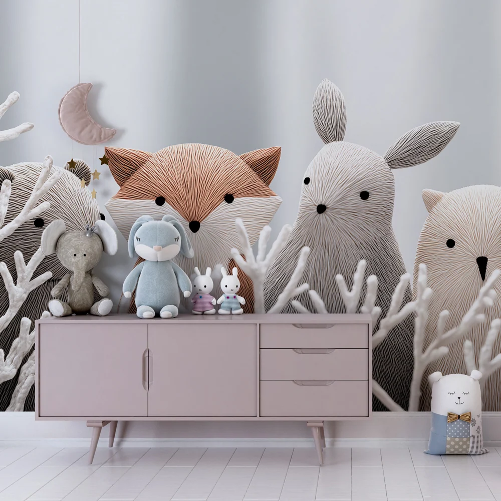 Papel de parede quarto bebê | Animais fofos no coração da floresta
