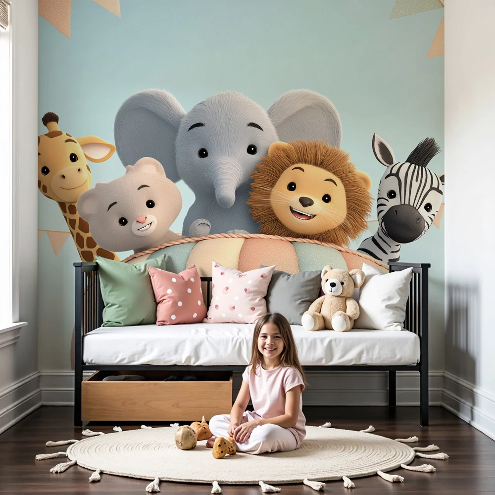 Papel de parede quarto bebê | Animais fofos em balão de ar quente