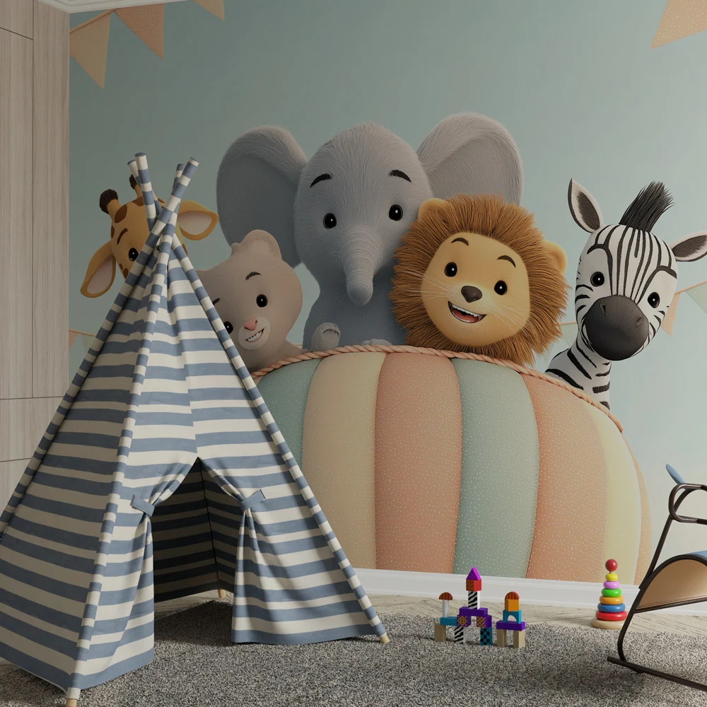 Papel de parede quarto bebê | Animais fofos em balão de ar quente