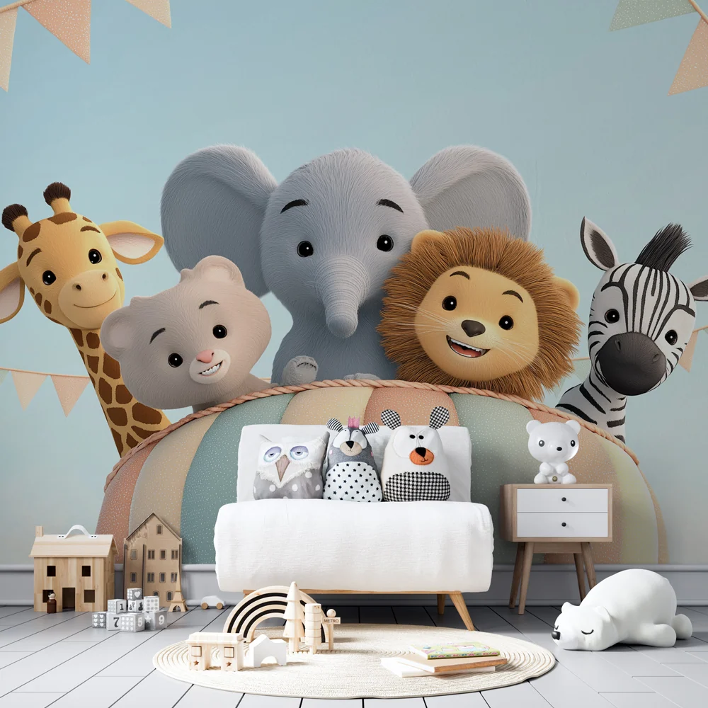Papel de parede quarto bebê | Animais fofos em balão de ar quente