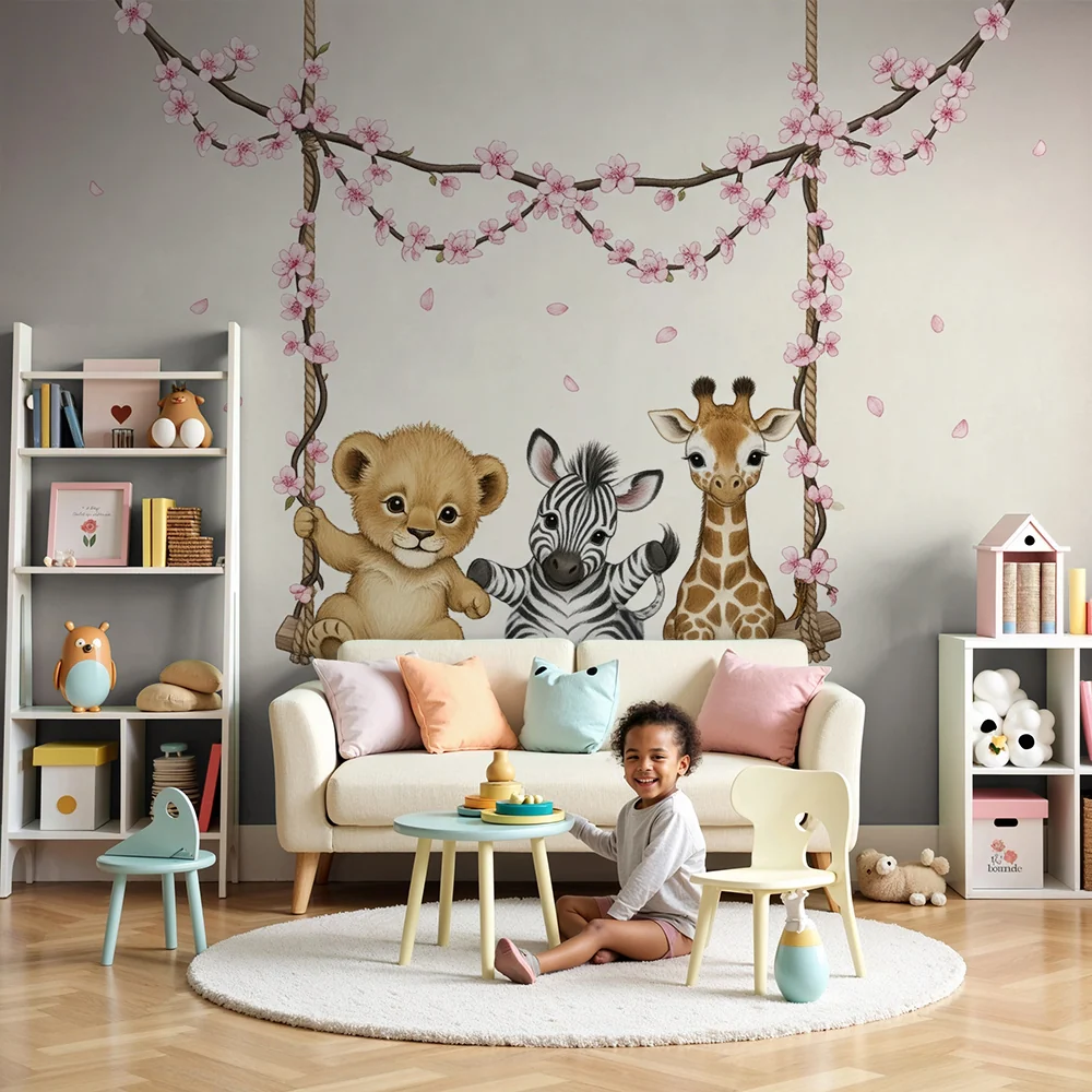 Papel de parede quarto bebê | Animais fofos em um balanço florido