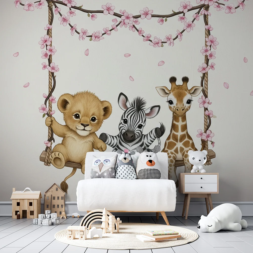 Papel de parede quarto bebê | Animais fofos em um balanço florido