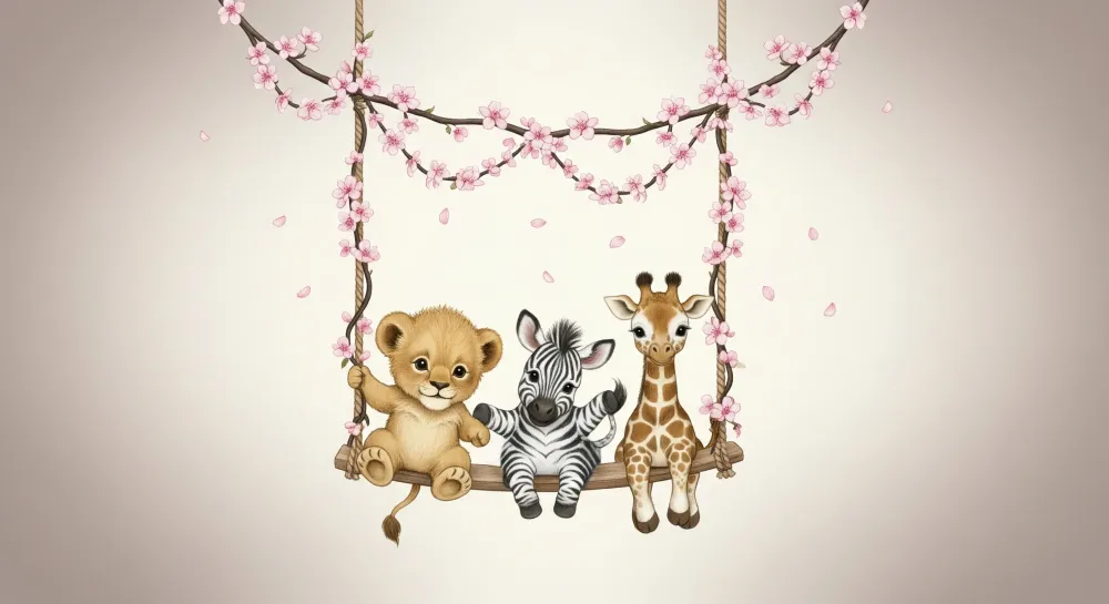 Papel de parede quarto bebê | Animais fofos em um balanço florido