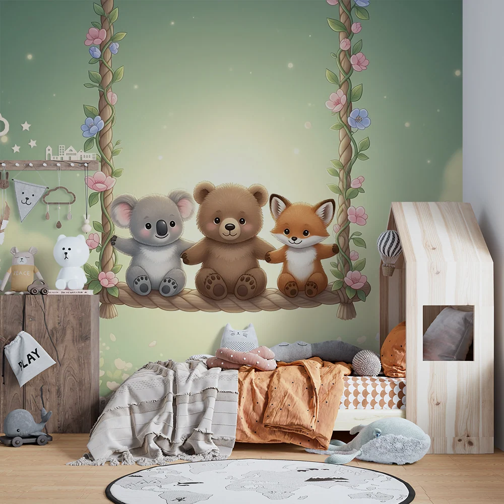 Papel de parede quarto bebê | Animais fofos em um balanço e campo de flores
