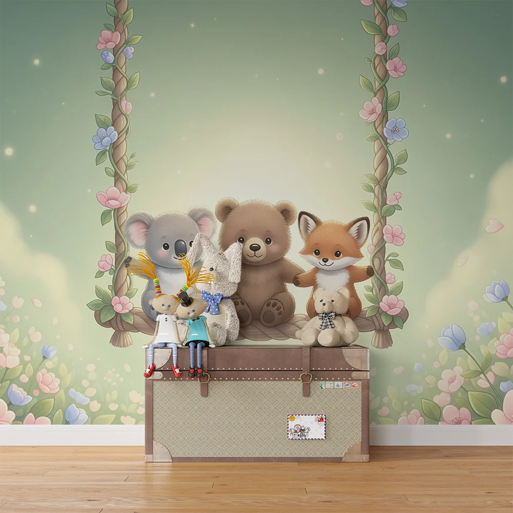 Papel de parede quarto bebê | Animais fofos em um balanço e campo de flores