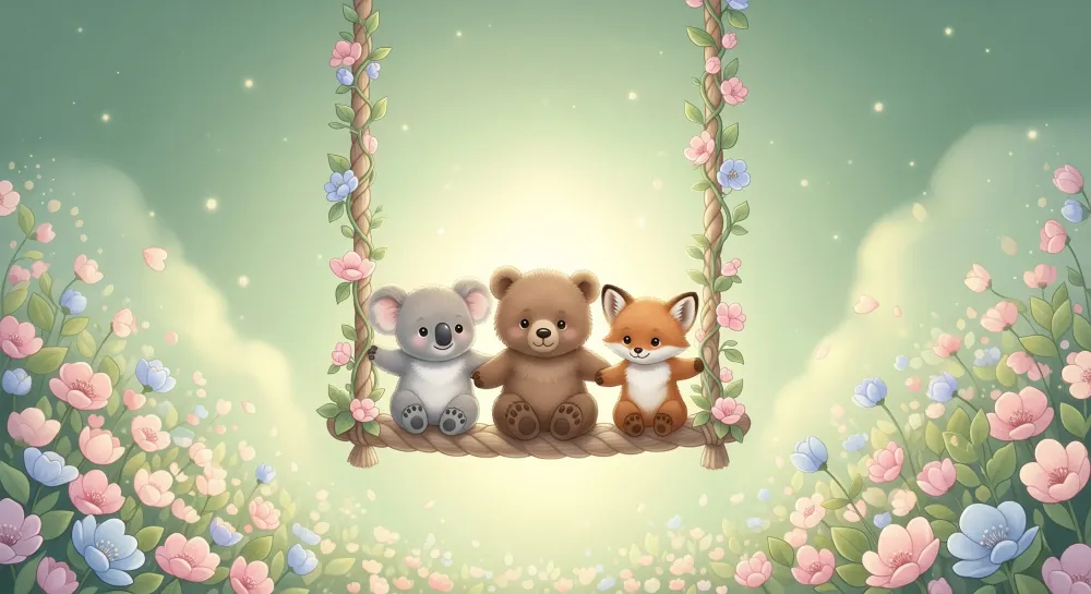 Papel de parede quarto bebê | Animais fofos em um balanço e campo de flores