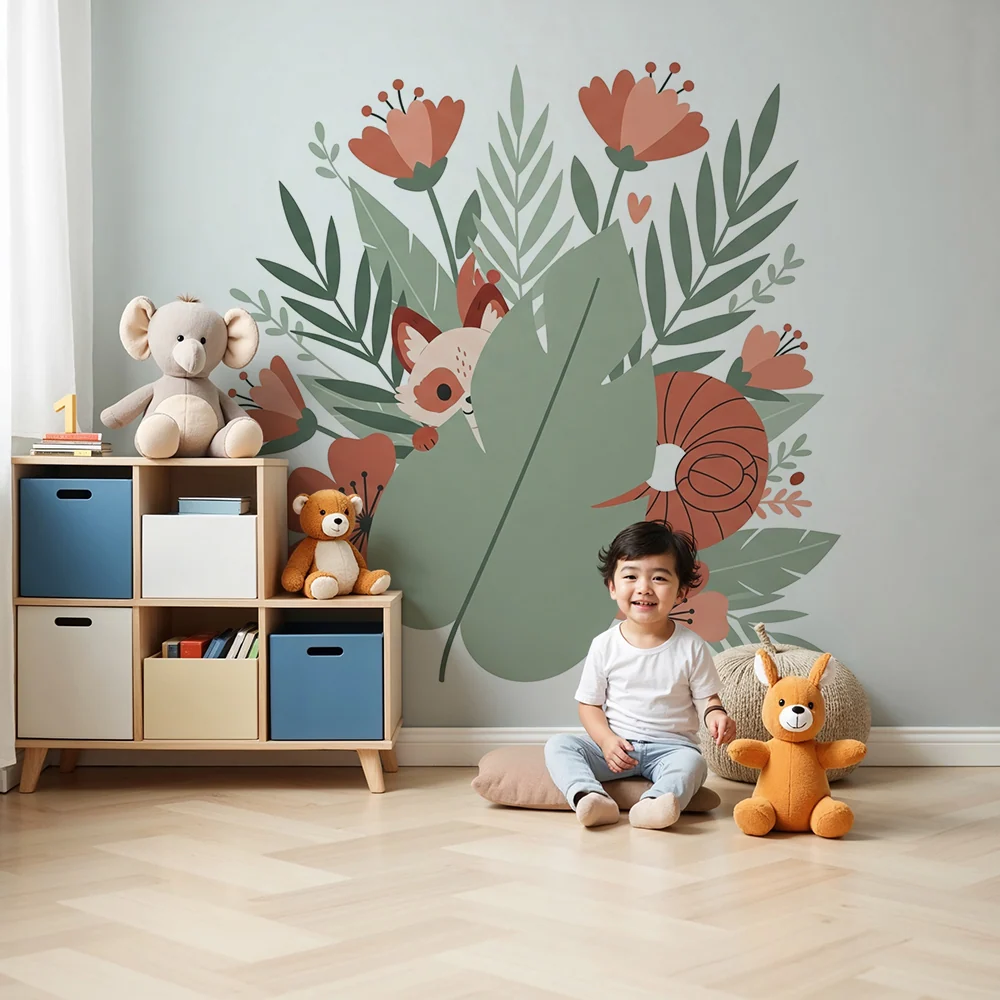 Papel de parede quarto bebê | Animais fofos e flores coloridas