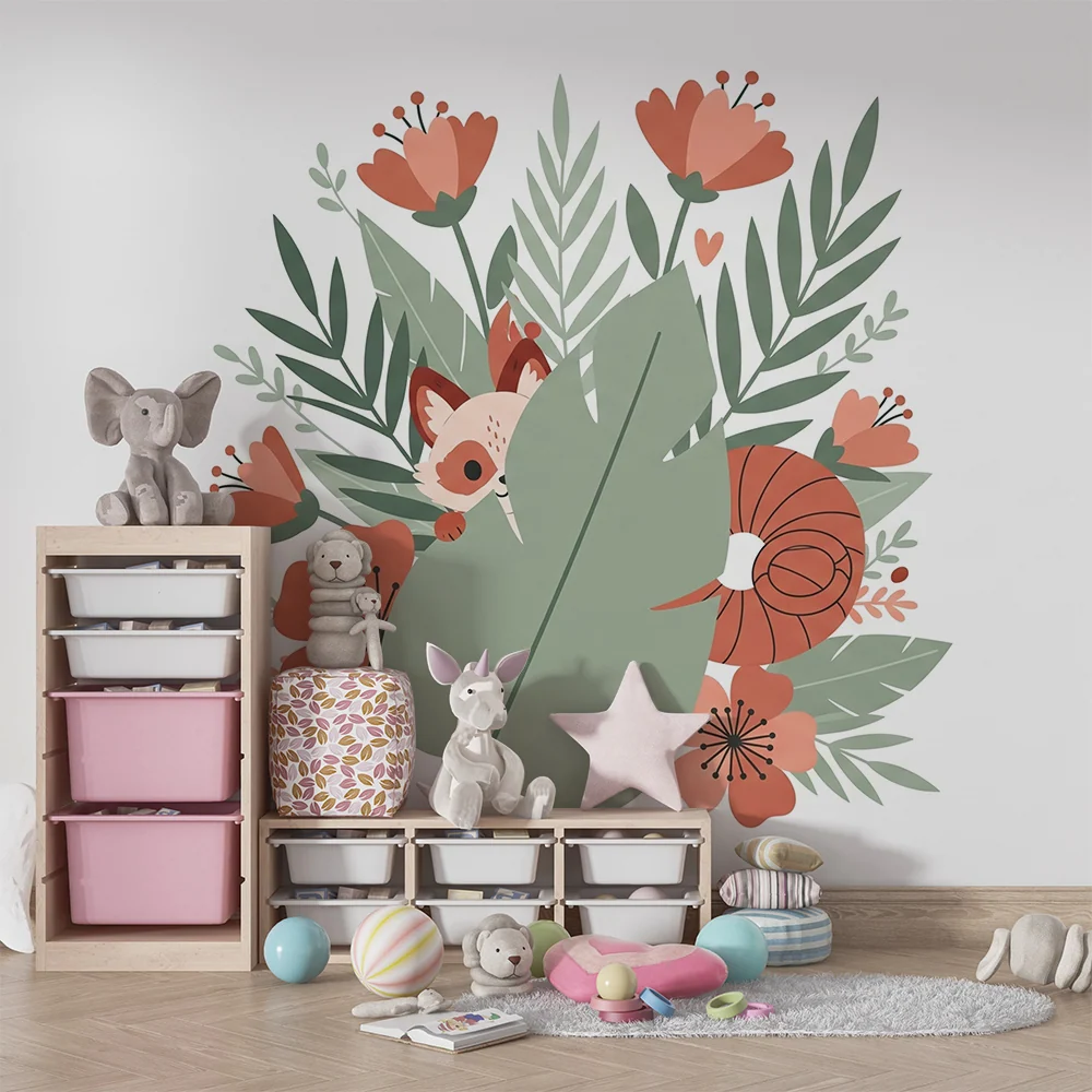 Papel de parede quarto bebê | Animais fofos e flores coloridas