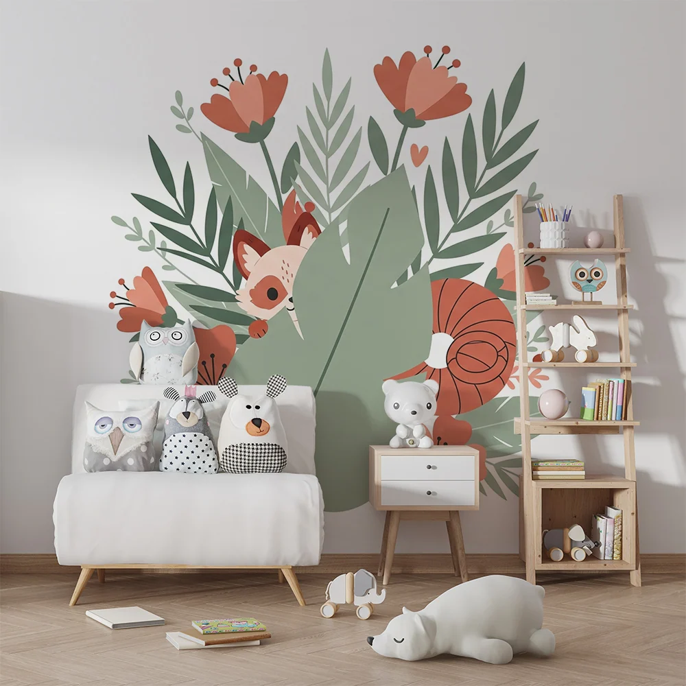 Papel de parede quarto bebê | Animais fofos e flores coloridas