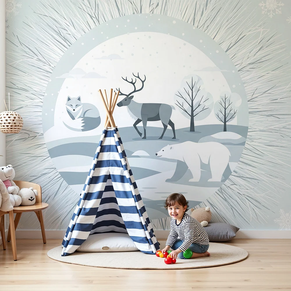 Papel de parede quarto bebê | Animais polares em uma paisagem de inverno tranquila