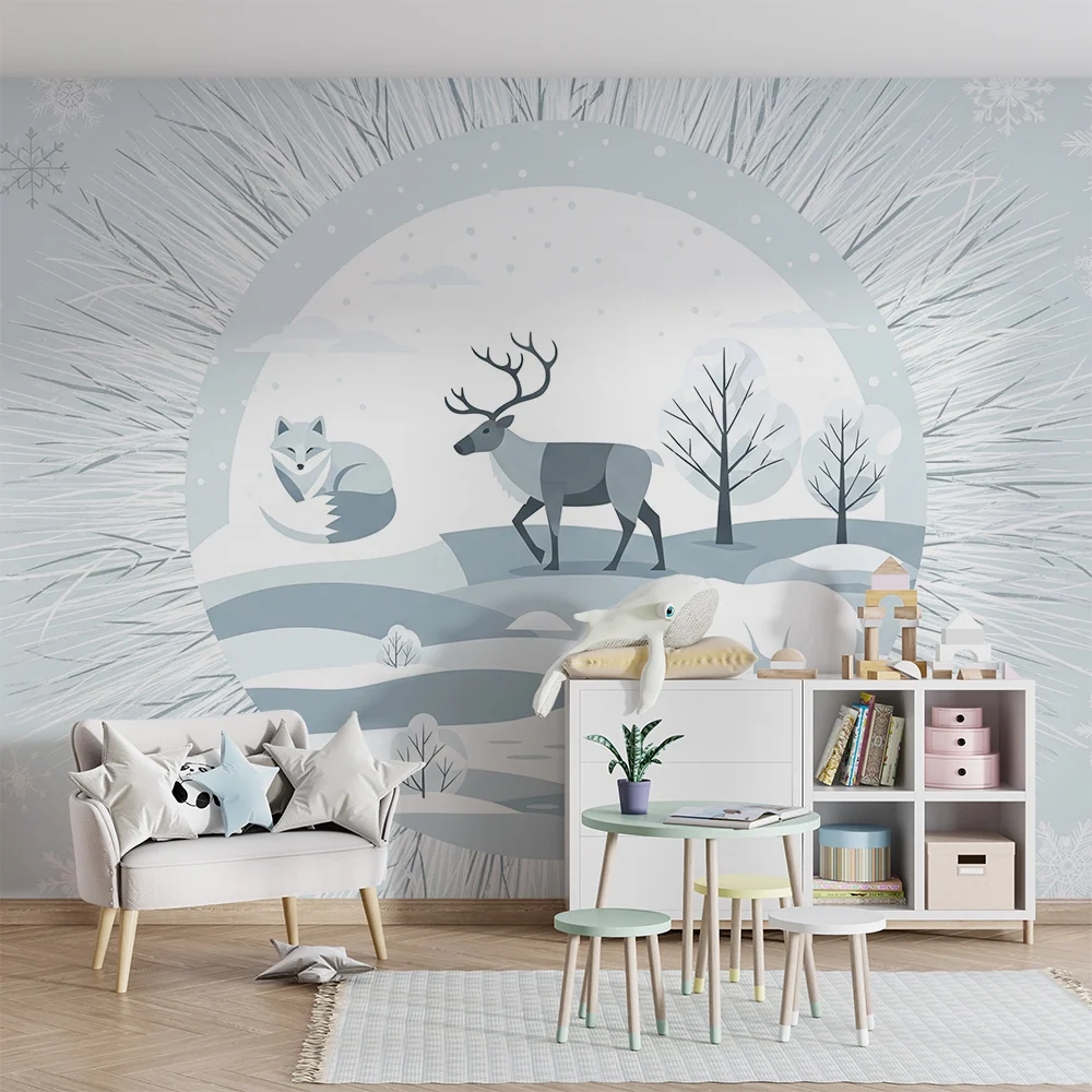 Papel de parede quarto bebê | Animais polares em uma paisagem de inverno tranquila
