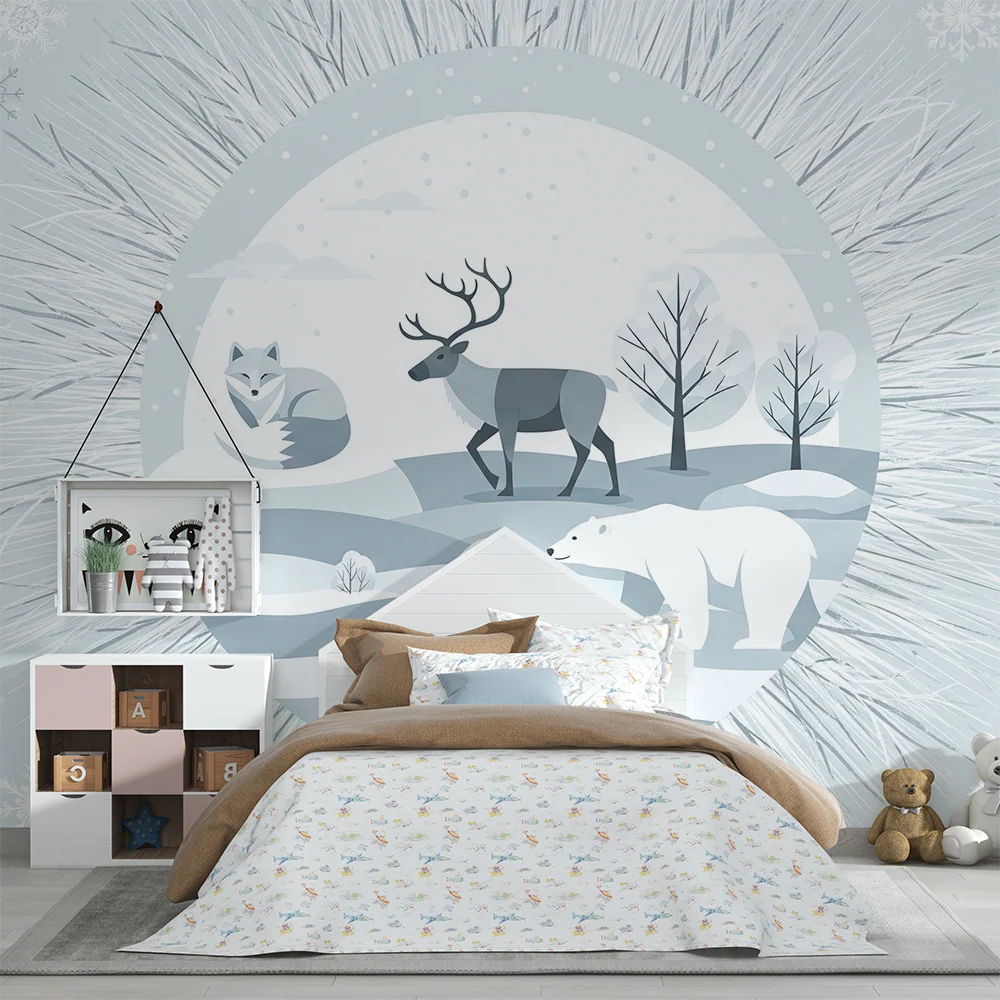 Papel de parede quarto bebê | Animais polares em uma paisagem de inverno tranquila