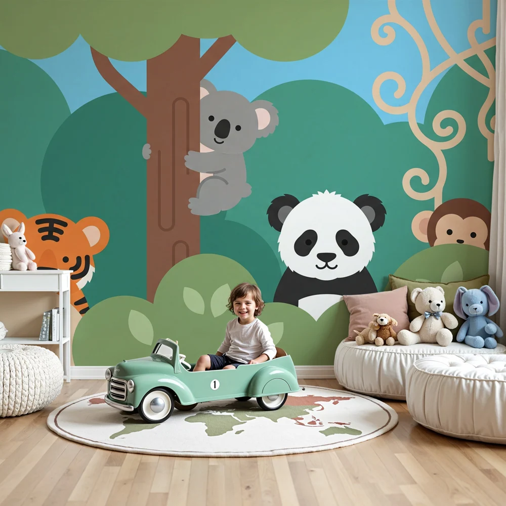 Papel de parede quarto bebê | Animais da selva alegres