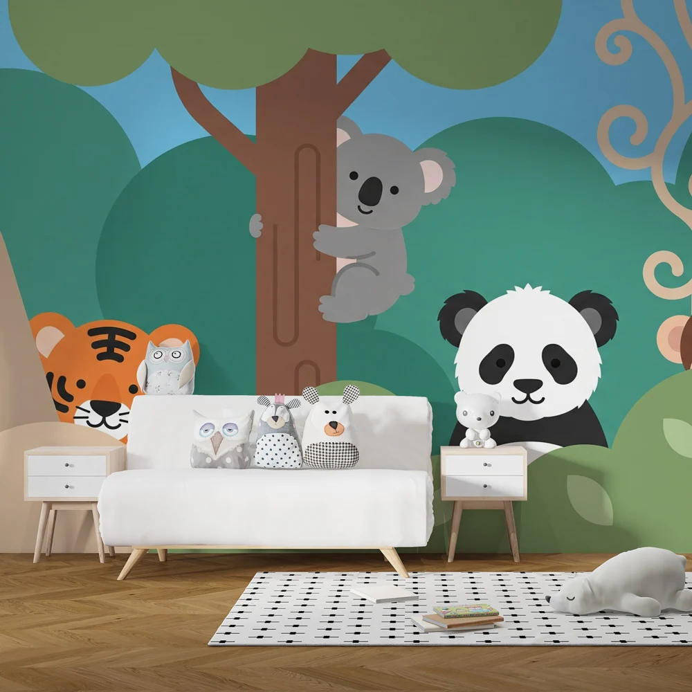 Papel de parede quarto bebê | Animais da selva alegres