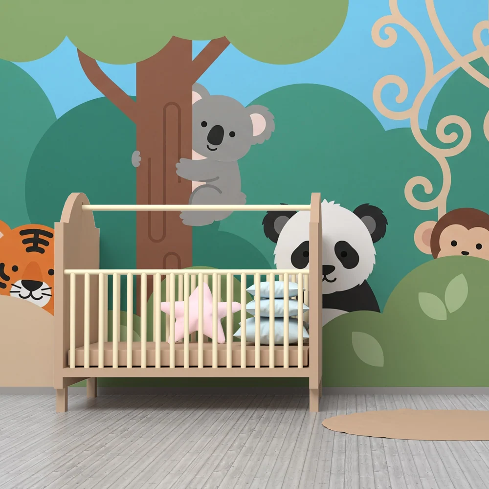 Papel de parede quarto bebê | Animais da selva alegres