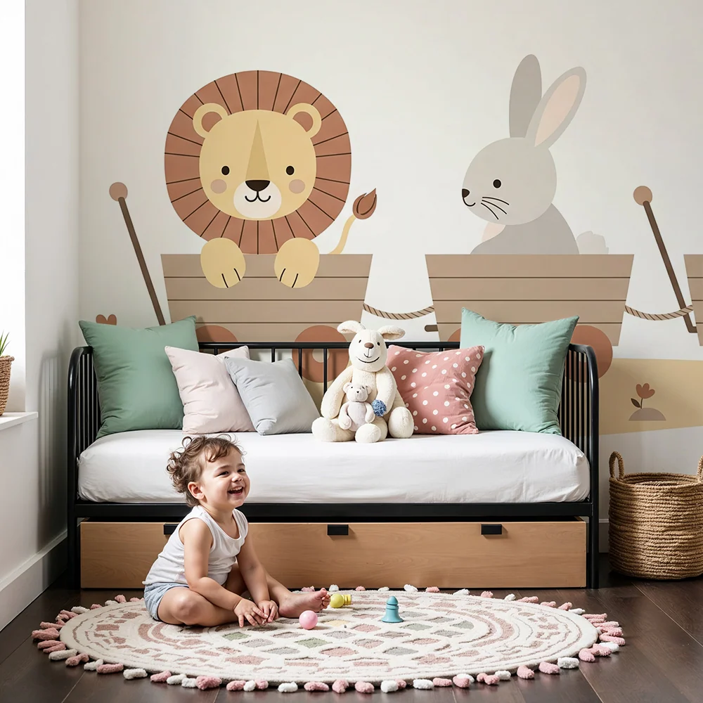 Papel de parede quarto bebê | Animais em um vagão para uma aventura encantada