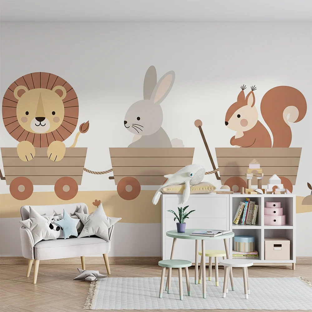 Papel de parede quarto bebê | Animais em um vagão para uma aventura encantada