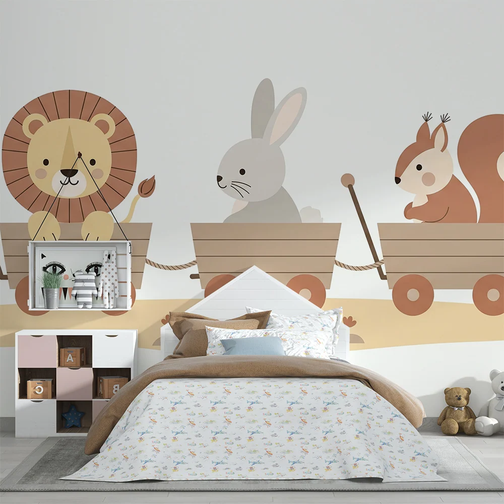 Papel de parede quarto bebê | Animais em um vagão para uma aventura encantada