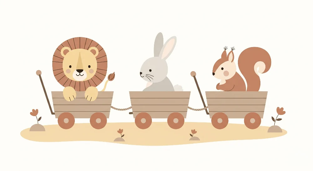 Papel de parede quarto bebê | Animais em um vagão para uma aventura encantada