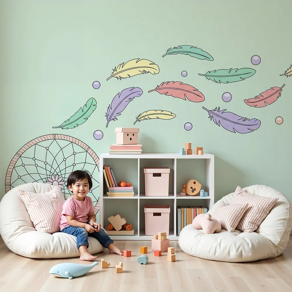 Papel de parede quarto bebê | Apanhador de sonhos e penas coloridas em fundo pastel