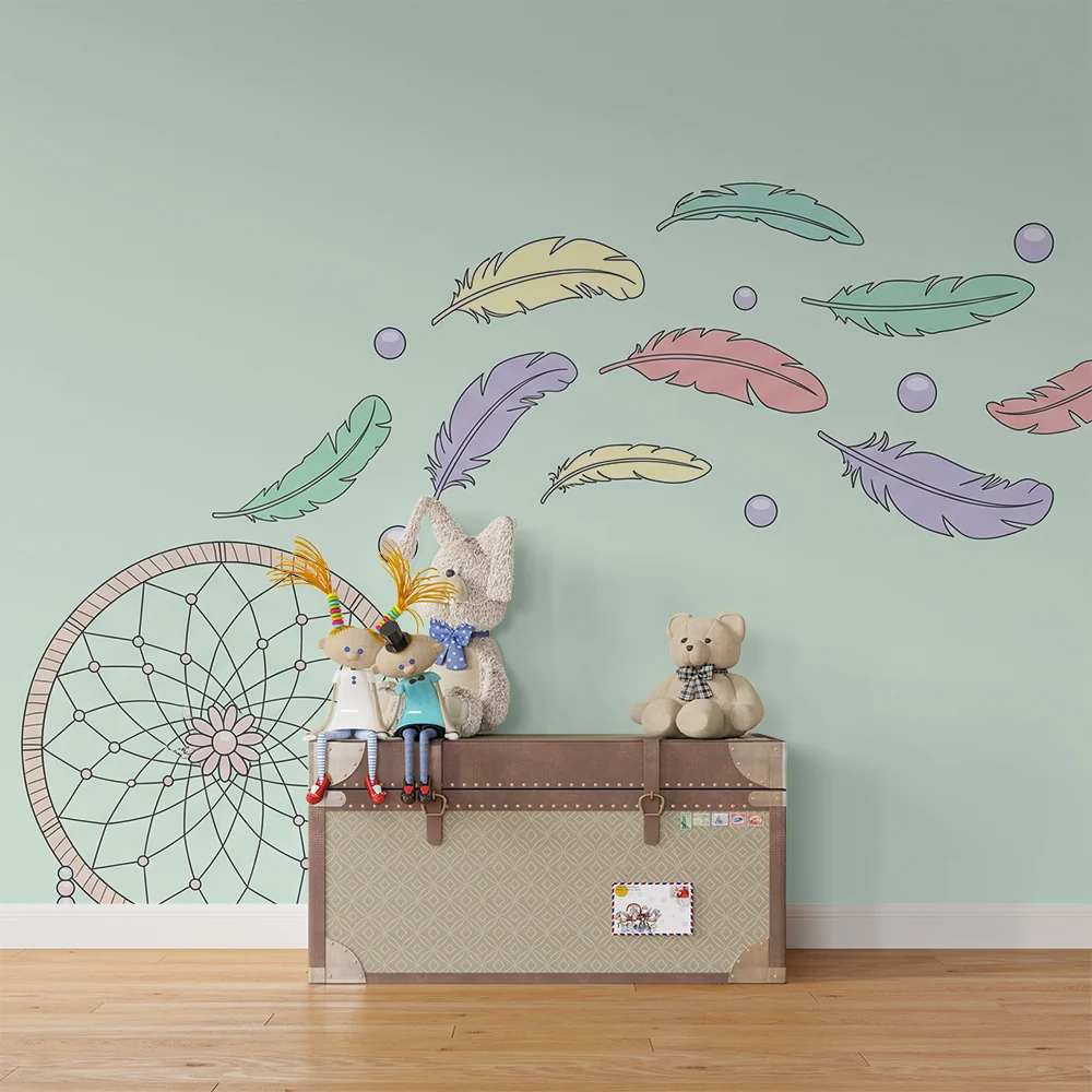 Papel de parede quarto bebê | Apanhador de sonhos e penas coloridas em fundo pastel