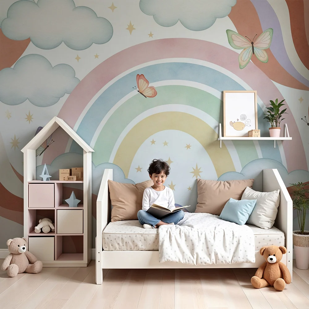 Papel de parede quarto bebê | Arco-íris pastel e borboletas em um céu nublado