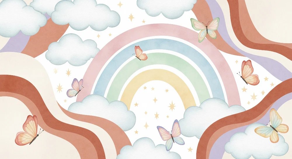 Papel de parede quarto bebê | Arco-íris pastel e borboletas em um céu nublado