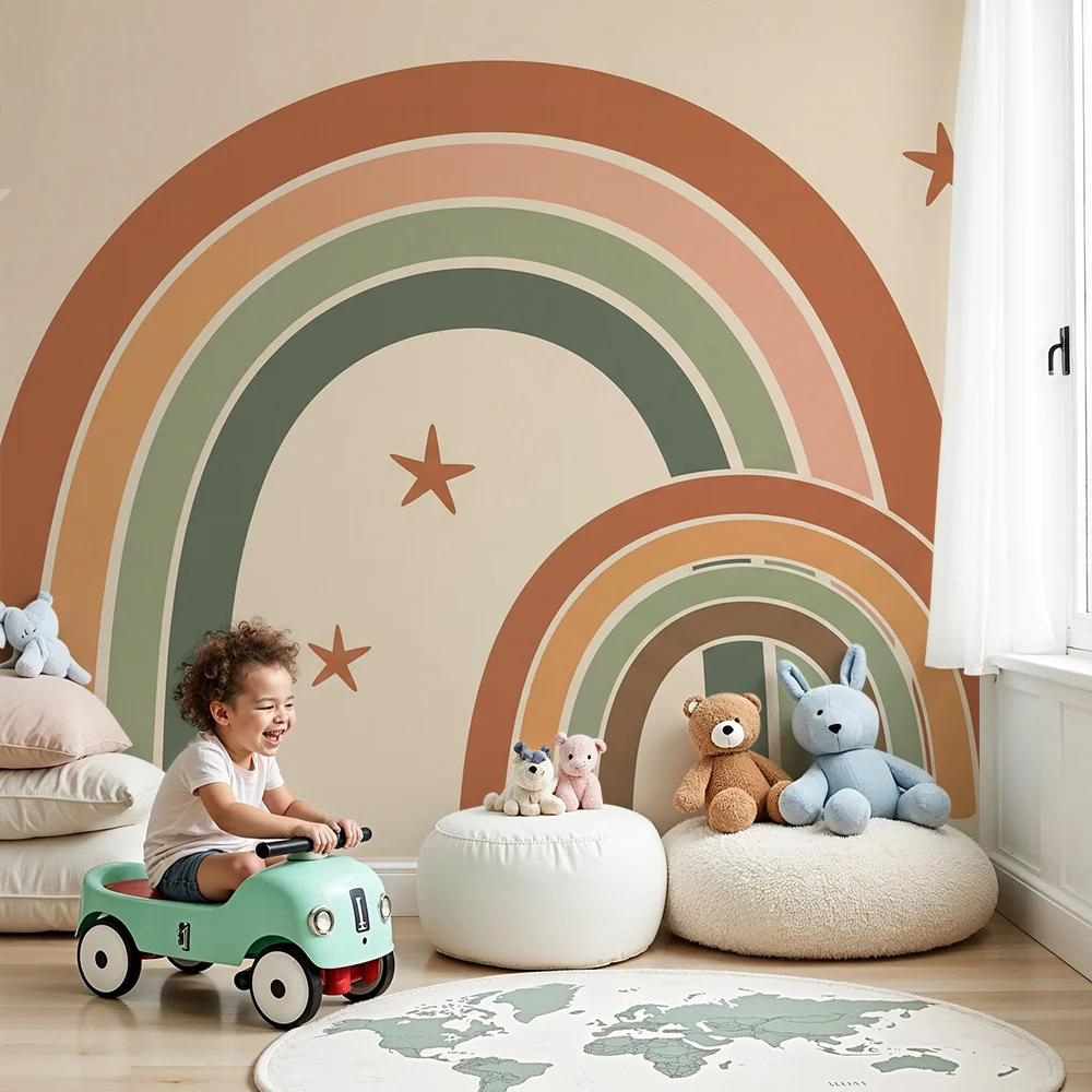 Papel de parede quarto bebê | Arco-íris suave e estrelas