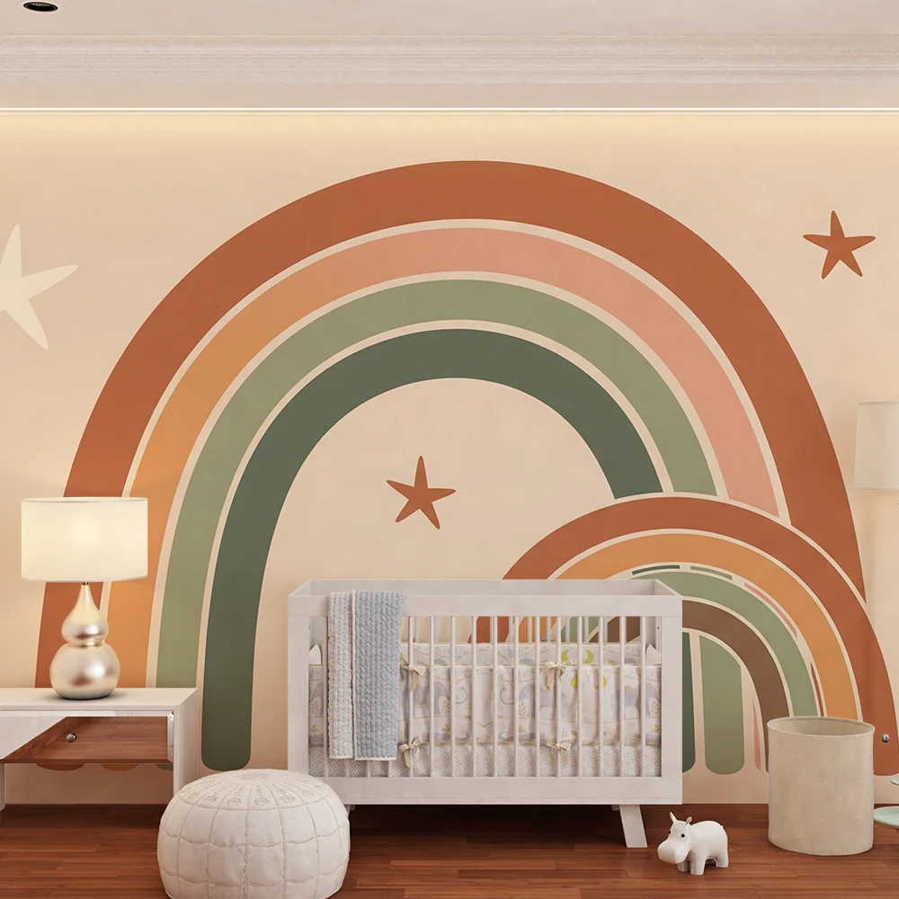 Papel de parede quarto bebê | Arco-íris suave e estrelas