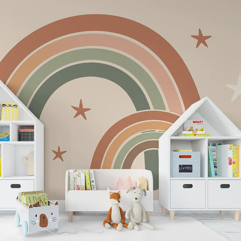 Papel de parede quarto bebê | Arco-íris suave e estrelas