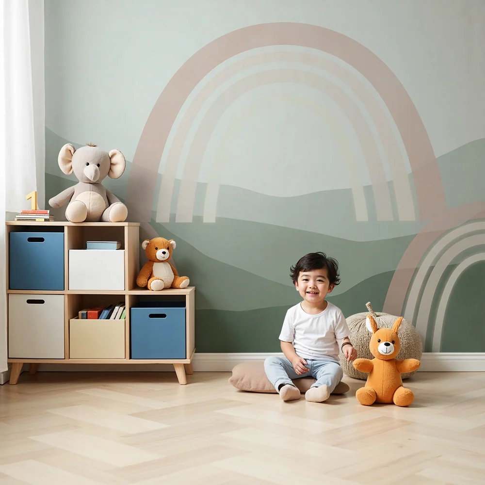 Papel de parede quarto bebê | Arcos-íris suaves sobre um fundo de colinas tranquilizantes