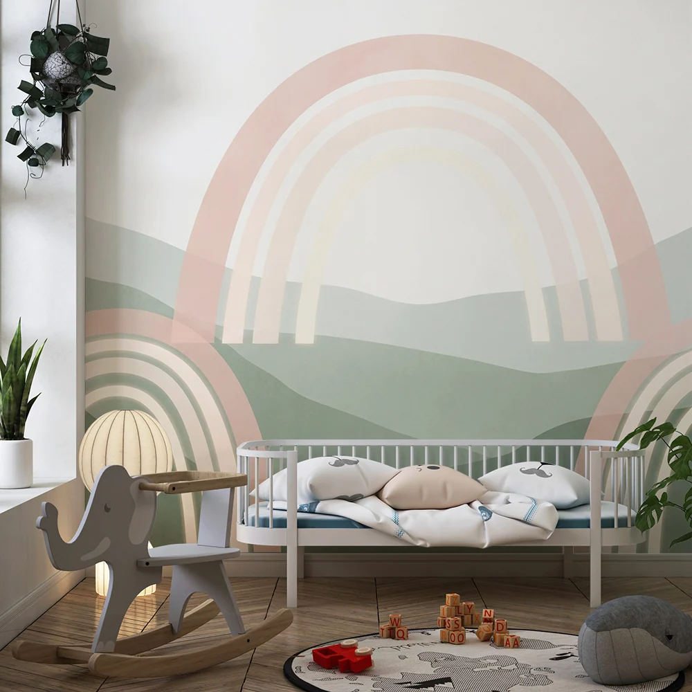 Papel de parede quarto bebê | Arcos-íris suaves sobre um fundo de colinas tranquilizantes