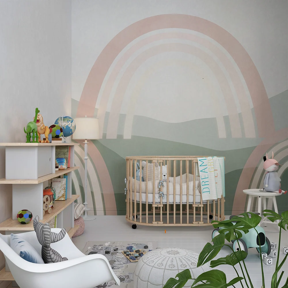 Papel de parede quarto bebê | Arcos-íris suaves sobre um fundo de colinas tranquilizantes