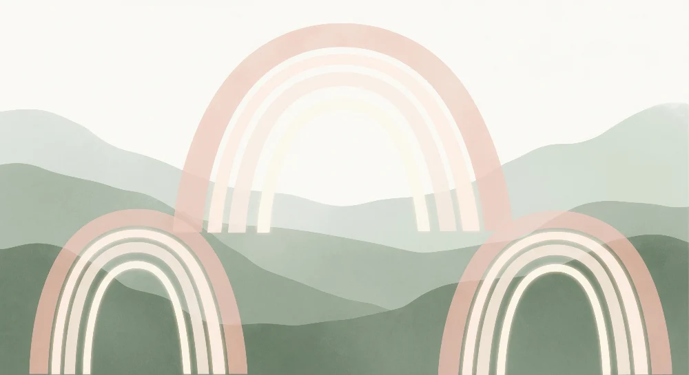Papel de parede quarto bebê | Arcos-íris suaves sobre um fundo de colinas tranquilizantes