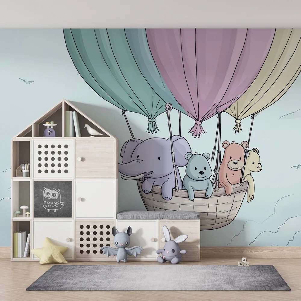 Papel de parede quarto bebê | Aventuras de balão de ar quente com animais fofos