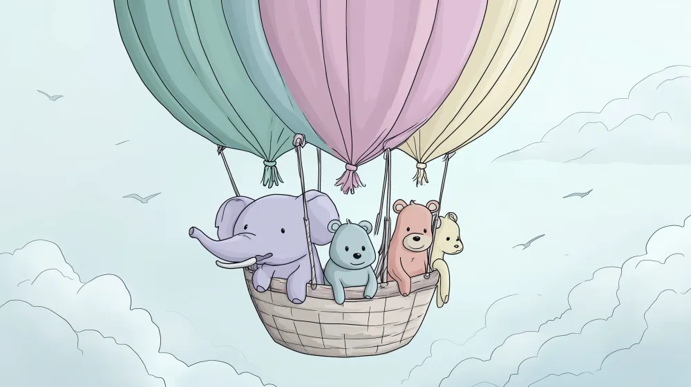 Papel de parede quarto bebê | Aventuras de balão de ar quente com animais fofos