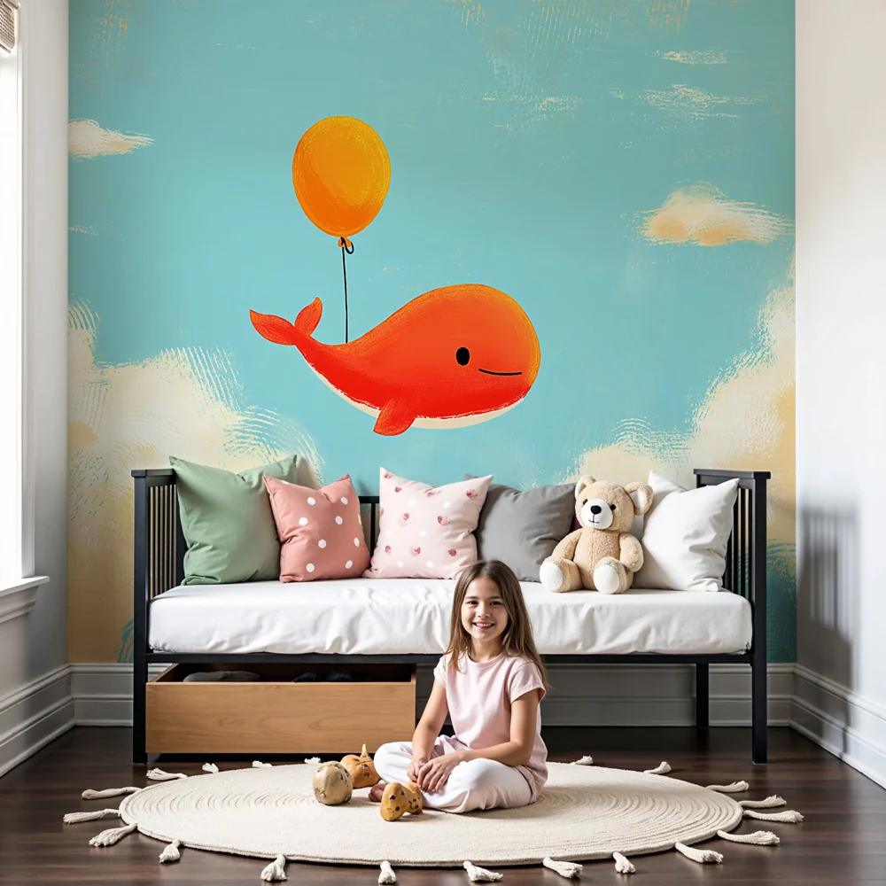 Papel de parede quarto bebê | Baleia feliz no céu