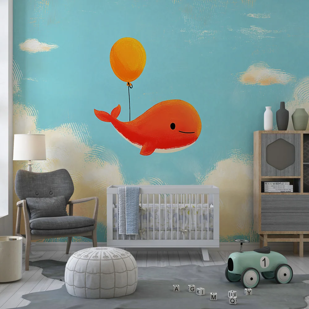 Papel de parede quarto bebê | Baleia feliz no céu